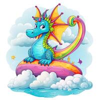 Mythical dragons on cloud collection. Colorful baby dragon cartoon with clouds. Cute dragon baby cartoon design. Colorful dragons sitting on clouds set design for kids coloring pages. . photo