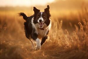 frontera collie corriendo en el campo a puesta de sol. el frontera collie es un raza de perro en el familia felidae. ai generado foto