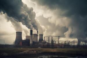 poder planta con de fumar chimeneas en nublado cielo antecedentes. tonificado carbón energía producción industria produce electricidad mediante el combustión de carbón y clausura ambiente problema, ai generado foto