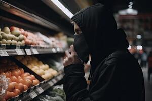 Man in a mask stealing vegetables from the refrigerator in the supermarket. A closeup view of a man purchasing food in a market or grocery store, photo