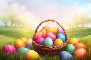 Easter eggs in a basket on green meadow. illustration. . photo