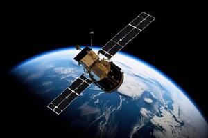 Satellite orbiting the planet Earth. 3D illustration. A satellite in space orbiting the earth, photo