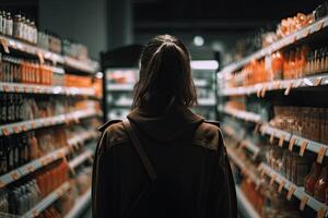 espalda ver de un joven mujer mirando a el estantería en un supermercado, un posterior ver de un mujer adquisitivo productos en un almacenar, participación compras bolsas, ai generado foto