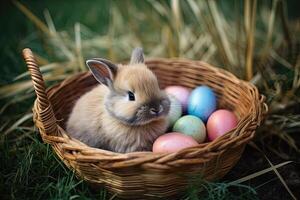 Cute Easter bunny and colorful eggs in a basket on green grass. . photo