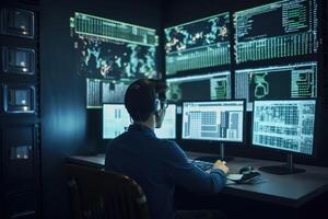 Young man in virtual reality headset working on computer in dark room. An IT specialist rear view working on a personal data security, photo