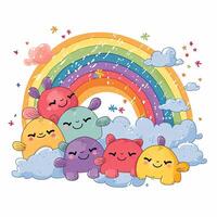 hermosa arco iris y dibujos animados recopilación. linda arcoiris con dibujos animados caracteres. hermosa arco iris y nube dibujos animados diseño en blanco antecedentes. arco iris ilustración colocar. ai generado. foto