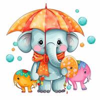 linda elefante bebé dibujos animados haz diseño. bebé elefante dibujos animados con color salpicaduras elefante bebé dibujos animados en un blanco antecedentes. elefante sentado conjunto diseño para niños colorante paginas ai generado. foto