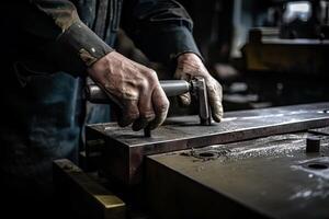 de cerca de un hombre trabajando en un torno máquina. un industrial trabajadores manos cerca arriba de trabajando en proyecto, ai generado foto