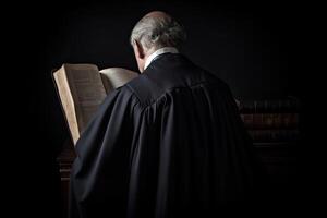Rear view of a senior judge looking down while holding a bible. A lawyers full rear view engrossed in reading a legal document or case file, photo