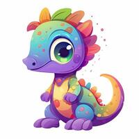 linda vistoso dinosaurio ilustración para niños. vistoso bebé dinosaurio sentado y sonriente. hermosa bebé dinosaurio haz ilustración en un blanco antecedentes. linda bebé dinosaurio diseño. ai-generado. foto