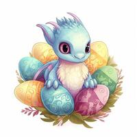 Dragon and lizard sitting with eggs. Baby dragon and lizard collection, sitting with colorful eggs on a white background. Cute baby lizard set design with colorful eggs and nest. . photo