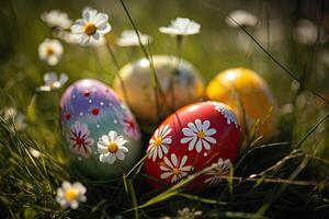 Colorful easter eggs on green grass with a daisies background. . photo