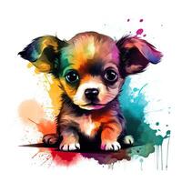 Colorful puppy coloring page. Puppy sitting on a white background. Small puppy illustration collection with a color splash and colorful fur. Cute dog coloring page bundle for kids. . photo