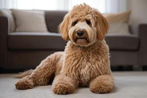 Australian Labradoodle sitting on the carpet in the living room, closeup photo