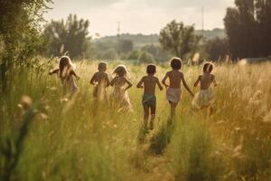 grupo de contento niños corriendo en el campo a puesta de sol. niños teniendo divertido al aire libre. un grupo de contento niños lleno posterior ver corriendo un césped campo, ai generado foto