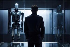 Businessman looking at the futuristic robot in museum. 3D Rendering, A businessman looking at a digital hologram display. photo