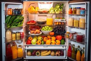 refrigerador lleno de sano alimento, Fruta y verduras, horizontal, un abrió refrigerador lleno de Fresco frutas y verduras, ai generado foto