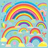 nube y arco iris diseño. linda arcoiris con contento caras. hermosa arco iris y nube dibujos animados diseño colección en blanco antecedentes. nubes y arcoiris ilustración con contento caras. ai generado. foto