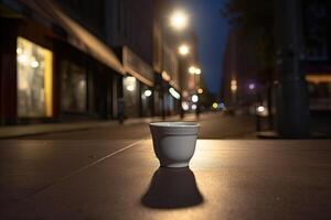 Coffee cup in the street at night. Side view. A coffee cup is on the table in front of an illuminated street light, photo