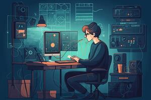 illustration of a young man working at the computer in the office, nerdy boy is programming at a computer in a room, photo