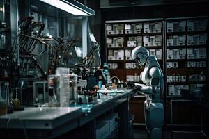 A robot working in a laboratory. The concept of artificial intelligence. An AI robot in a laboratory doing chemical research, photo