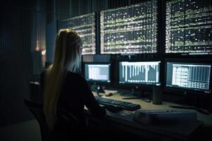 Side view of female hacker using computer in dark room. Blurred background, A female programmer coding and working on a computer in her office, photo