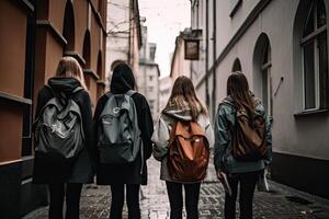 back view of three girls with backpacks walking down the street. A group of high school kids with school bags on their backs, walking together down the hallway, photo