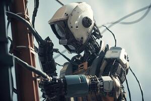 Close-up of futuristic robot arm on the background of the sky, futuristic AI robot electrician repairing electrical components and restoring power, photo