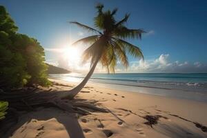 tropical playa con palma árbol a amanecer, seychelles, un hermosa tropical playa ver con un claro azul océano, ai generado foto