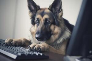 alemán pastor perro acostado en el mesa en frente de un computadora teclado ai generado foto