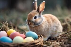 Easter bunny and colorful eggs in a basket. Selective focus. . photo
