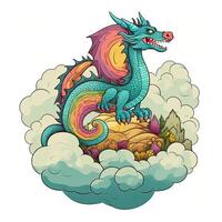 Mythical dragons on cloud collection. Cute dragon baby cartoon illustration on a white background. Colorful dragons sitting on clouds set design for kids coloring pages. . photo