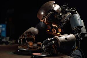 Closeup of a robot playing music on a turntable, A robot with a welding machine repairing something, photo