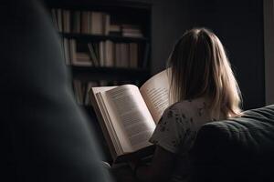 espalda ver de mujer leyendo libro mientras sentado en sofá en oscuro habitación, un niña posterior ver sentado en un sofá y leyendo libros, ai generado foto