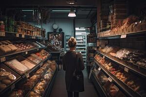 espalda ver de un joven mujer en pie en un panadería y mirando a el estantes. un mujer lleno posterior ver compras en un comida comercio, ai generado foto