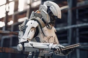 3D rendering humanoid robot in the modern building. Futuristic technology concept. A Futuristic robot architect working on a construct, photo