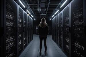 Back view of a young woman standing in the server room with rows of server racks, A woman server engineer full rear view with a laptop checking server, photo