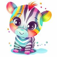 Playful zebra design bundle illustration. Baby zebra set illustration with cute eyes and color splash. Zebra playing and smiling on a white background. Baby zebra sitting and smiling. . photo