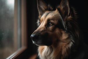 alemán pastor perro mirando fuera el ventana. selectivo atención en ojos. ai generado foto