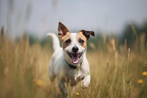 Jack Russell terrier running in the field and smiling. photo