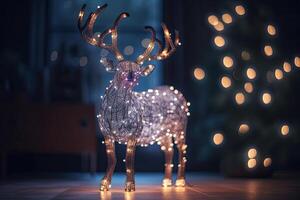 Christmas reindeer with bokeh lights on a dark background, A magic festive reindeer covered in glowing lights, photo
