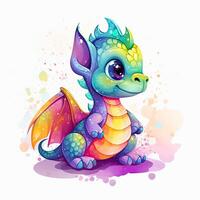 Colorful baby dragon with beautiful eyes and color splash. Colorful baby dragon art. Playful baby dragons collection with colorful bodies. Cute dragon sitting on a white background. . photo