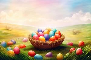 Easter eggs in a basket on green meadow and blue sky background. . photo