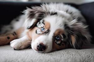 Australian shepherd puppy with blue eyes lying on a sofa at home. photo