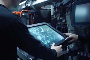 Engineer working on tablet computer in factory. Industrial and technology concept, An engineer rearview and hands close up working with computer tablet, photo