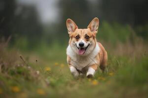 Welsh corgi dog running in the field. Selective focus on the dog photo