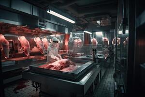 carne Procesando planta. carne Procesando planta. producción de carne productos futurista Carnicero corte carne dentro un bullicioso Carnicero comercio, ai generado foto