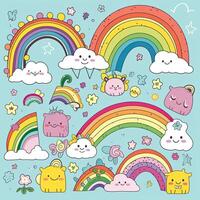 hermosa arco iris y nube dibujos animados diseño colección en blanco antecedentes. linda arcoiris con contento caras. nubes y arcoiris ilustración con contento caras. arco iris ilustración colocar. ai generado. foto