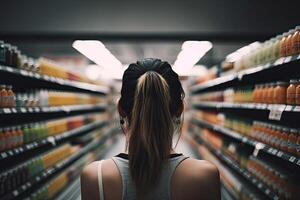 espalda ver de un joven mujer en pie en el pasillo de un supermercado y mirando a el estantería con naranja jugo. un posterior ver de un mujer adquisitivo productos en un almacenar, compras bolsas, ai generado foto