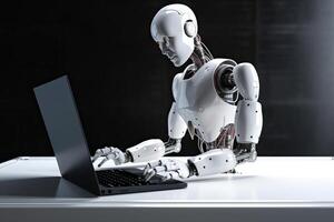 3d rendering humanoid robot working with laptop on desk in dark room, An AI robot creating designs with a laptop, photo